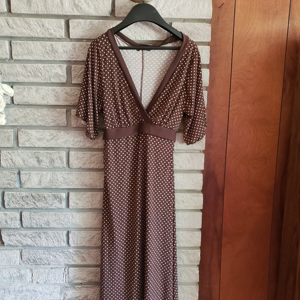 Marjora Brown w/ white polka dot faux wrap dress